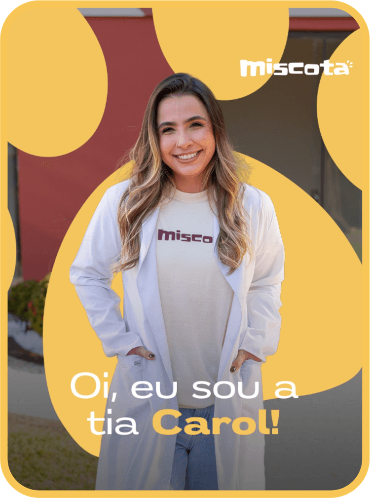 A médica veterinária da Miscota e responsável por cuidar da sua  alimentação diária. Vou calcular e selecionar os melhores alimentos  para garantir uma refeição saudável, balanceada e deliciosa.